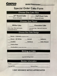 Details needed to order cake from Costco